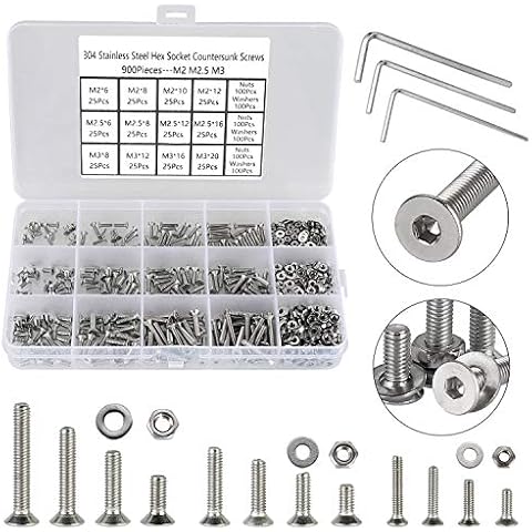 FandWay 900 Pieces M2 M2.5 M3 Flat Head Socket Cap Screws 304 Stainless Steel Hexagonal Countersunk Bolts and Nuts Assortment Kit with 3Pcs Hex Wrenches Cover