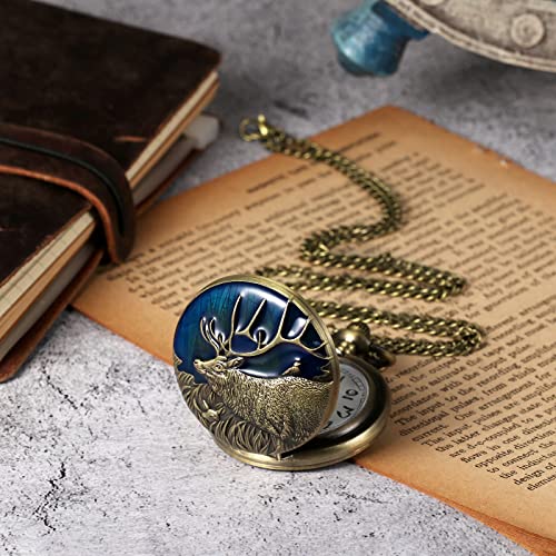 Image of MORFONG Vintage Deer Design Pocket Watch Quartz Watches for Men Women Birthday Christmas Gifts with Box Chain