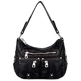 UTO Women Handbag Medium Purse PU Washed Leather Hobo Style Front Zipper Shoulder Bag