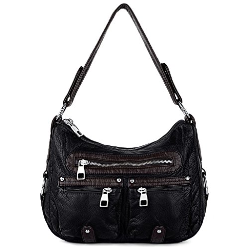 UTO Women Handbag Medium Purse PU Washed Leather Front Zipper Shoulder Bag