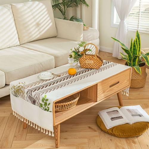 qiden Waterproof Coffee Table Cover, with Pockets and Tassel Rectangle Cotton Linen Coffee Table Cloth for Living Room Tea Table Fridge Washer Dryer Top Dust Cover - 20 x 60 inch