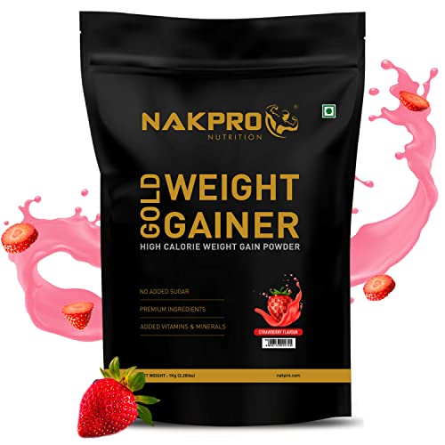 Image of NAKPRO GOLD WEIGHT GAINER | High Carbs & High Calorie | Added Vitamins, Minerals & Digestive Enzymes | Easy Mixing, Easy Digesting Weight Gainer Powder for Men & Women | 1 Kg Strawberry Flavour (10 Servings)
