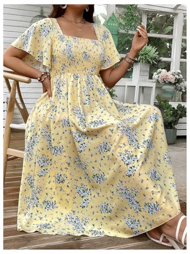Image of Floerns Women's Plus Size Floral Square Neck Flounce Short Sleeve A Line Maxi Dress