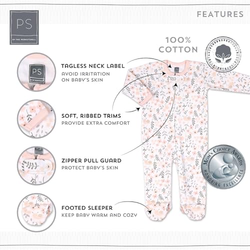 Image of The Peanutshell Baby Sleepers for Girls, Newborn to 9 Months Girl Footed Pajamas, Pink Floral Clothes for Babies, 3 pack