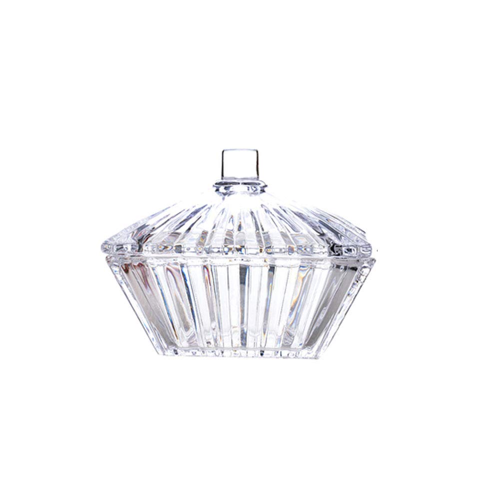 Glass Coffee Sugar Caddy with Lid Candy Jar Buffet Storage Container - Clear Crystal Diamond Faceted Jar with Crystal Lid - A09