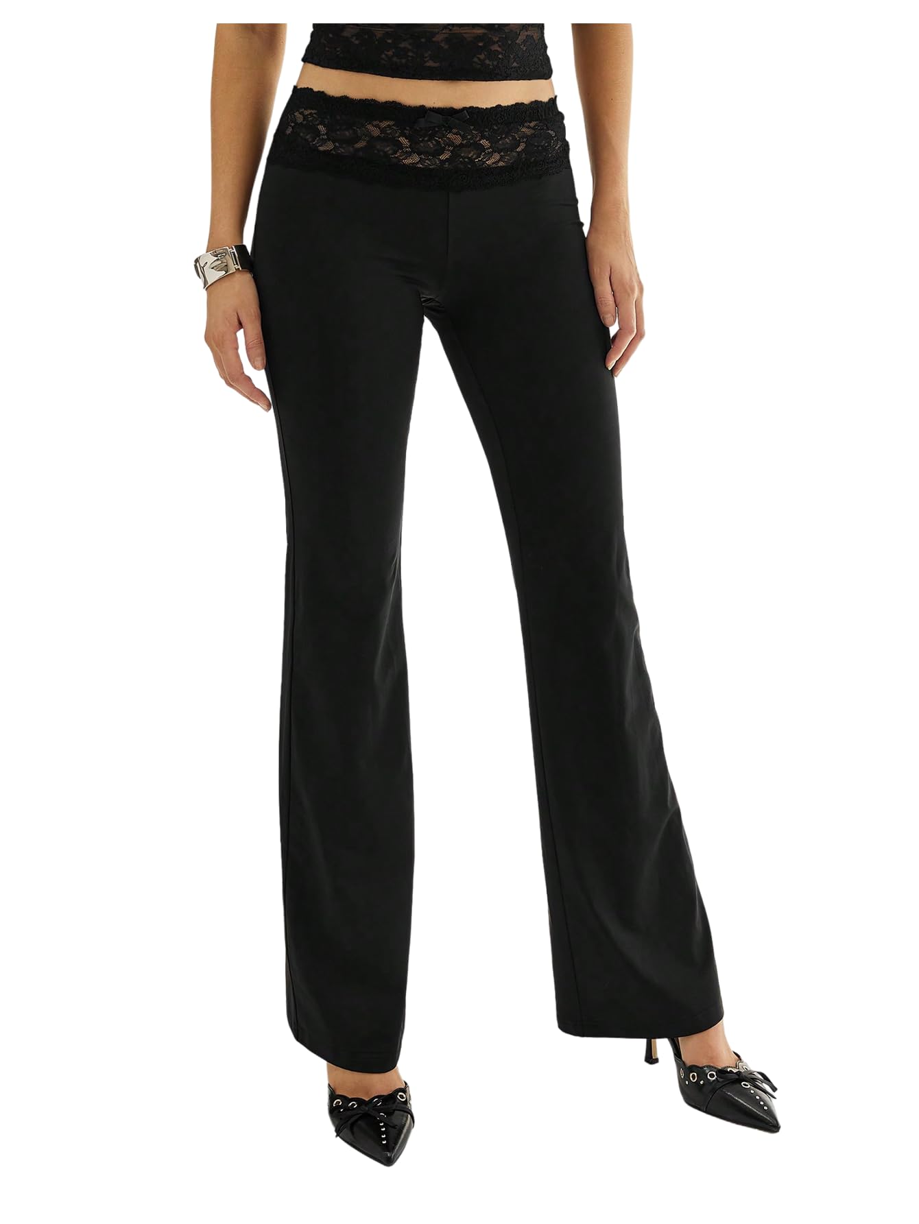 MakeMeChic Womens Floral Lace Flare Pants Low Waist Bell Bottoms Long Trousers