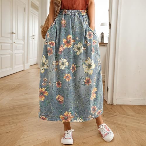 Women's Floral Denim Maxi Skirt Casual Loose Elastic High Waist A Line Long Jean Skirt with Pockets3