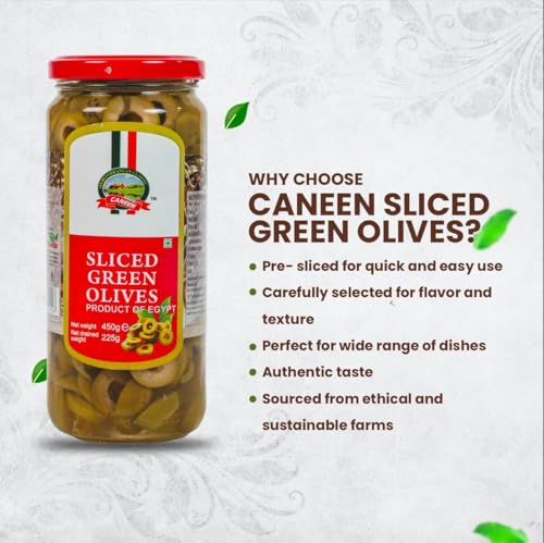 Image of CANEEN Sliced Green Olives 450g - Ready-to-Use Green Olive Slices for Pizza, Pasta, Salads, Sandwiches, Mediterranean Recipes, Appetizers & Snacks | Seedless Vegetarian Cooking Ingredient PACK OF 1