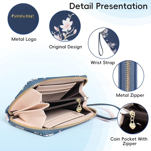 Pomelo Best Wallets for Women Leather RFID Blocking Zipper Around Credit Card Holder Wristlet Medium Wallet for Ladies Blue 20253