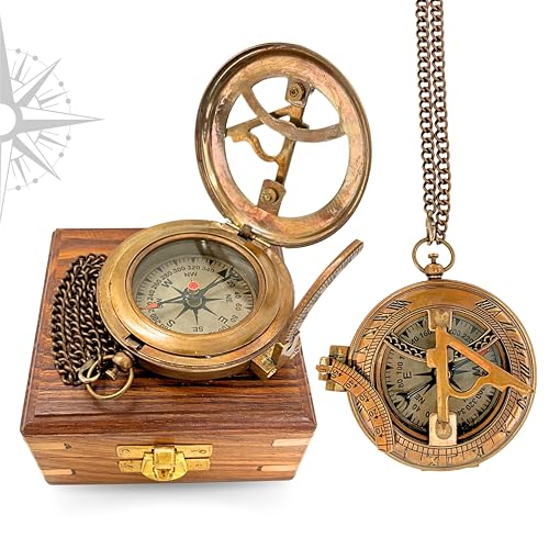 Compás de Sol Antiguo de Latón con Caja de Madera y Cadena - Reloj de Sol de Bolsillo de Latón - Compás de Apertura por Pulsador - Compás Grabado con Caja - Reloj de Sol Hecho a Mano para Bautizo, Regalo para Hijo