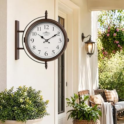 EMAX HOME 15 Inch Vintage Double Sided Wall Clock, Brown Metal Frame with White Dial, Silent Quartz
