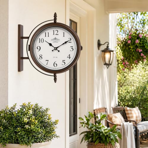 EMAX HOME 15 Inch Vintage Double Sided Wall Clock, Brown Metal Frame with White Dial, Silent Quartz