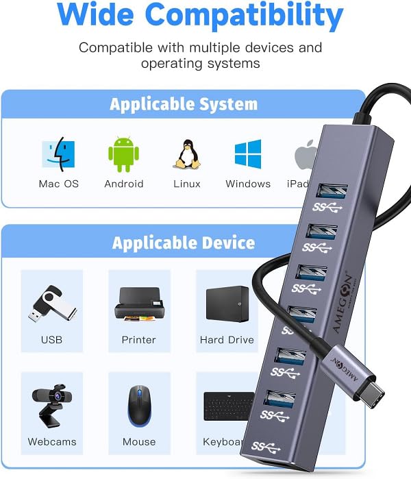Image of AMUH07C USB-C to 8 in 1 Multifunction Hub USB 3.1, USB3.0 X 7: 5Gbps;USB C X 1:5v /3a Extra Power, Wide Compability: Laptop, PC Tower, Flash Drive, Keyboard, Mouse, Card Reader & More.