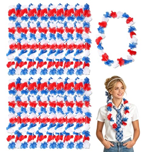 12 PCS Patriotic Leis Red White and Blue Flower Leis 4th of July Necklaces Garlands Independence Day Hawaiian Luau Flower Necklaces Bulk for 250th Anniversary Memorial Day Decorations Party Favors