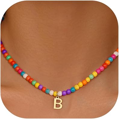 Eioi & Lmnm Colorful Initial Necklaces for Girls Women Kids - Teen Girls Gifts Trendy Beaded Initial Necklace Dainty Letter Gifts Choker Necklace for Girl Jewelry