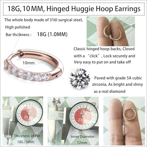 Image of Hypoallergenic Unisex Surgical Steel Small Cubic Zirconia Huggie Hoop Earring, Color Gold - Silver - Rose Gold - Black - Rainbow, Size 6mm- 12mm Safe for Sensitive Ear