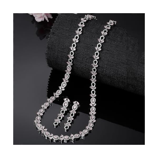 ZENEME Rhodium-Plated Silver Toned Leaf American Diamond Studded Long Necklace Earrings Jewellery Set for Girls and Women - Image 4