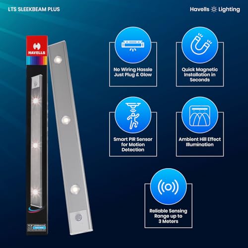 Image of Havells SLEEKBEAM Plus 400MM 2.5W Rechargeable Motion Sensor LED Light for Wardrobe, Closet, Cabinet, Kitchen, Under Stairs, Drawer, Shelf, Garage, Quick Magnetic Self Installation| Type-C Charging