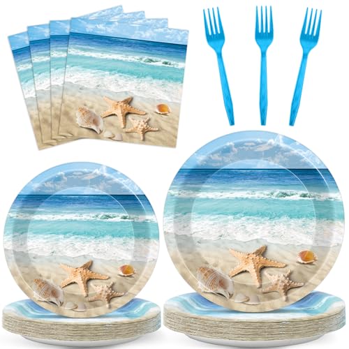 96pcs Beach Ocean Party Plates and Napkins, Summer Ocean Waves Birthday Decorations for Sea Themed Baby Shower Wedding Hawaiian Party Dessert Plates, Beach Seashell Tableware Decor, Serves 24