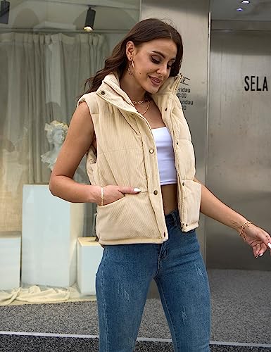Womens Corduroy Puffer Vest Sleeveless Stand Collar Zip Up Snap Lightweight Jacket Padded Gilet Outerwear4