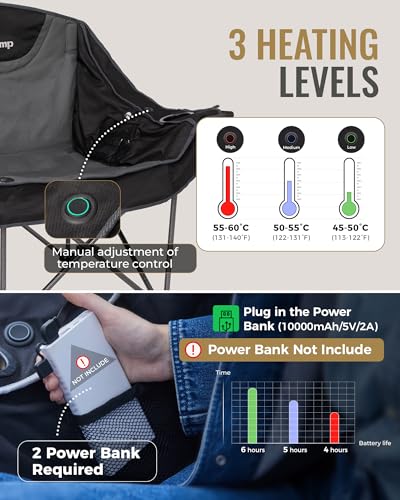 Image of KingCamp Heated Double Camping Chair, Oversized 880lbs Heavy Duty Loveseat for Adults Portable Folding XL 2 Person Couch Padded Comfortable with 3 Heat Levels for Outdoor Sports Lawn, Black /Grey