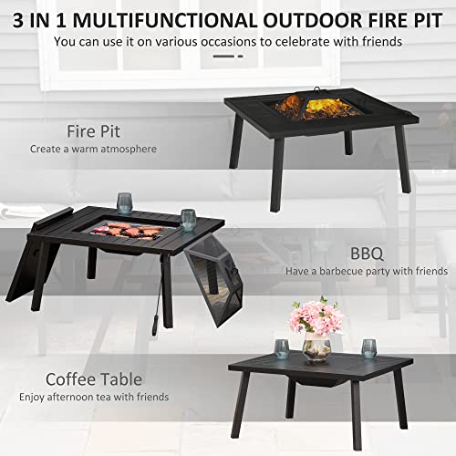 Outsunny 34" X 32" Outdoor Fire Pit Table Bbq Grill, Portable Wood Burning Fireplace, Camping Firepit With Cooking Grate, Spark Screen, Poker, And Rain Cover, Black #TOP3