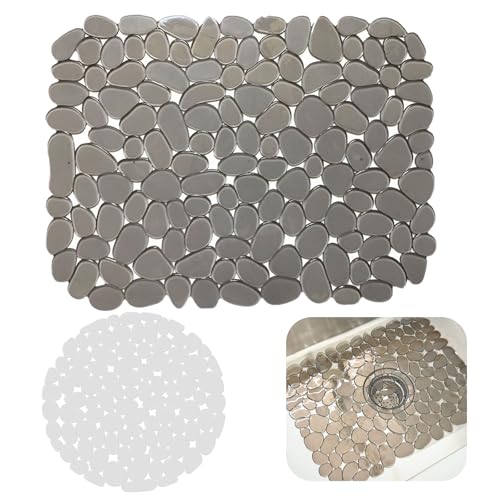 2 Stück Spülbeckenmatte, 2er-Set PVC Küche SpüLbeckeneinlage, 40 x 30 cm Kieselsteinförmige Spülbecken Spritzschutzfür Porzellanspüle, Geschirr und Glaswaren (Transparentgrau)