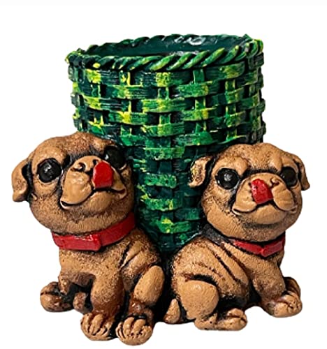 Image of AUGEN Pen Stand Decorative Hand Painted Two Puppy, Dog Design Stationery Holder | Gift Item | Table Top Decor (1050)