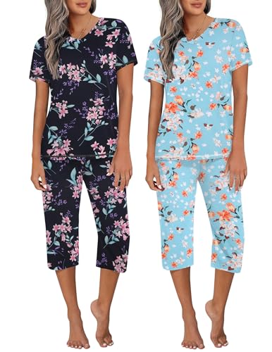 Image of Ekouaer 2 Pack Women's Capri Pajama Sets Short Sleeve Two-Piece Pjs V Neck Tops & Pants Printed Lounge Sets S-3XL