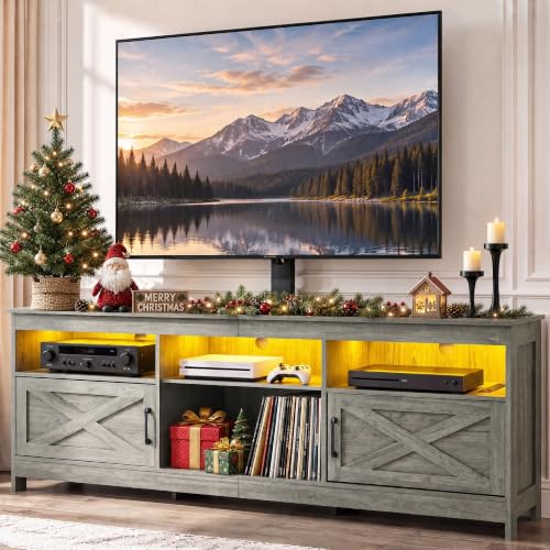 YITAHOME 70" TV Stand with Mount, LED Lighting & Power Outlets, Grey Oak | Farmhouse Entertainment Center with Storage Cabinets, TV Mount Fits 32-75 Inch TVs, Media Console for Living Room