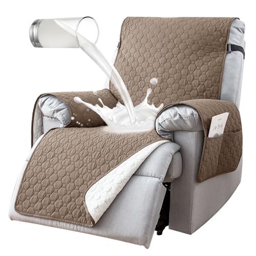 Image of 100% Waterproof Recliner Chair Covers That Stay in Place, Non-Slip Recliner Cover with 5 Pockets, Elastic Straps, Washable Reclining Chair Protector for Kids, Pets, Dogs, Khaki