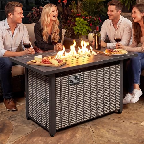 Image of Nuu Garden 43'' Propane Gas Fire Pit Rattan Outdoor Fire Pit Table 50,000 BTU Smokeless Gas Fire Pit with Lid and Glass Beads, Metal Tabletop Patio Fire Pit Table for Outside Patio Backyard, Brown