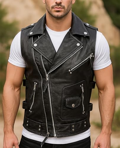Image of Motorcycle Leather Vest For Men - Tactical Combat Military Style Sleeveless Biker Club Riding Outdoor Waistcoats