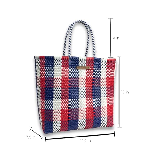 Image of MARIA VICTORIA Handwoven Plastic Mexican Tote Bag Large For Women, Waterproof, Lightweight, Multi-Color Design, Perfect for the Beach, Shopping, and Everyday Use, Americana250 Large