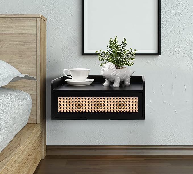 Floating Nightstand, Small Rattan Nightstand with Storage Drawer, Wall Mounted Wood Nightstands, Rustic Side Table Mid Century Night Stands for Bedroom Living Room Office-image-37