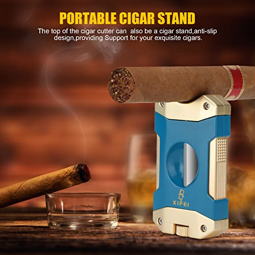 XIFEI Cigar Cutter V-Cut,3 in 1 V Cutter with Cigar Punch Cigar Stand Sharpest 440 Stainless Steel Cut Blade Ergonomic Design Secure-Lock 55 Ring Gauge Portable Cigar Clipper with Gift Box (Blue Gold)