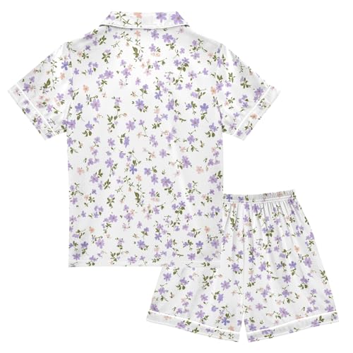 Small Purple Floral Summer Satin Pajama Set, Cute Button-Down Sleepwear Pj Set for Sleep Wears2