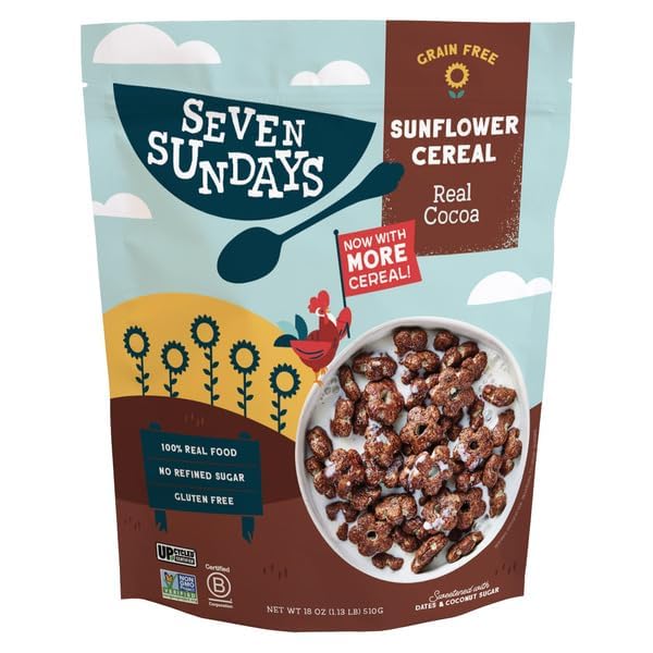 Seven-Sunday Sunflower Cereal, Real Cocoa - 18 oz Family Size - Grain-Free, Gluten-Free, Vegan Breakfast Cereal - No Refined Sugar, Paleo Friendly - Plant Based Protein