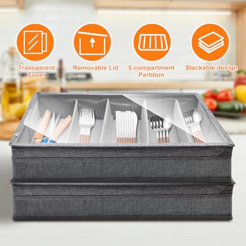 Cyiecw Cutlery Tray with Lid, Portable Cutlery Storage Cutlery Tray, Cutlery Box with 5 Adjustable Compartments, Cutlery Organiser for Knife, Fork and Spoon (42.5 x 29.5 x 8 cm) - Image 6