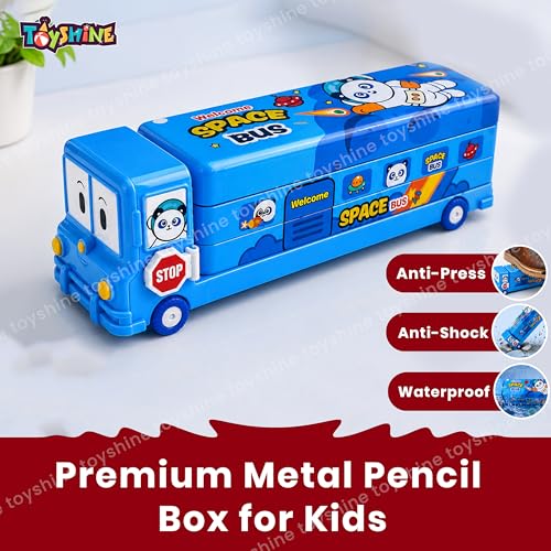 Image of Toyshine Cartoon Printed School Bus Matal Pencil Box with Moving Tyres and Sharpner for Kids - Blue
