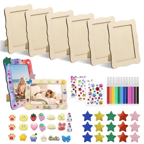 Rwbimti 6 molduras de fotos para pintar para crianças (19 x 14 cm), forma de onda, molduras de fotos de madeira com 6 tipos de pedras brilhantes e autocolantes 3D para decoração, casamentos