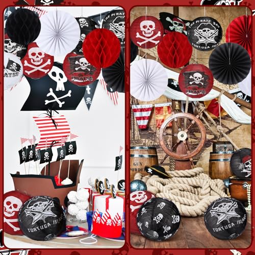 Image of Baquler 18 Pcs Pirate Theme Party Decoration Pirate Skull Hanging Paper Lantern Fans Black Red Honeycomb Ball for Nautical Birthday Party Ornament Ceiling Decor Supplies