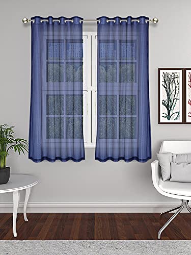 Image of Set of 2 Pcs Sheer Premium Lightweight Tissue Fabric Solid Blue Color Eyelet Window Curtain, 2 Pc Window Curtain 5ft