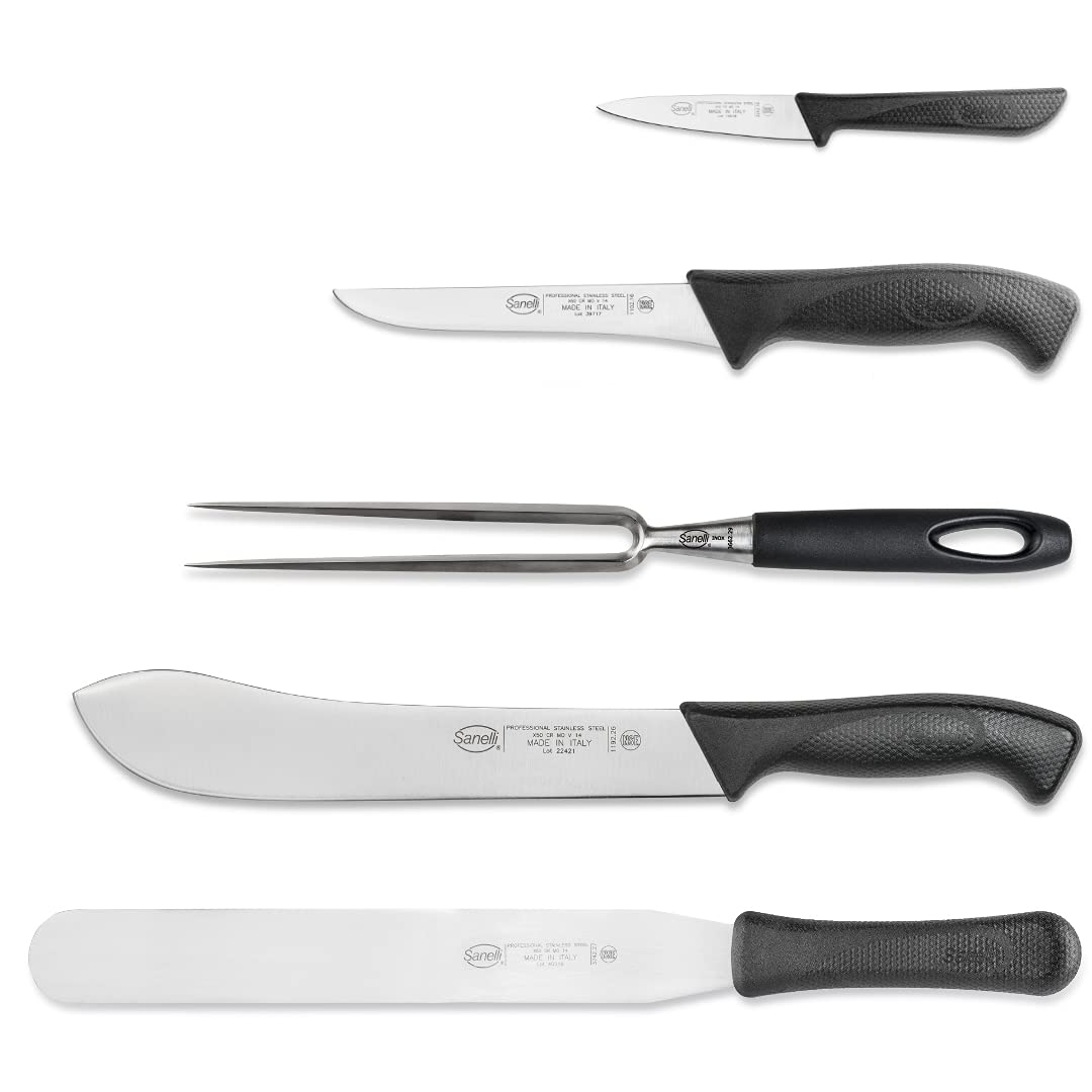 Sanelli linea Skin, Set 5 coltelli BBQ, Rotolo cuoco, Nero