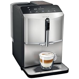 Siemens Cafetera automática EQ300 TF303E07 para muchas especialidades de café, espumador de leche, molinillo de cerámica, función OneTouch, 1300 W, acero inoxidable plateado metálico