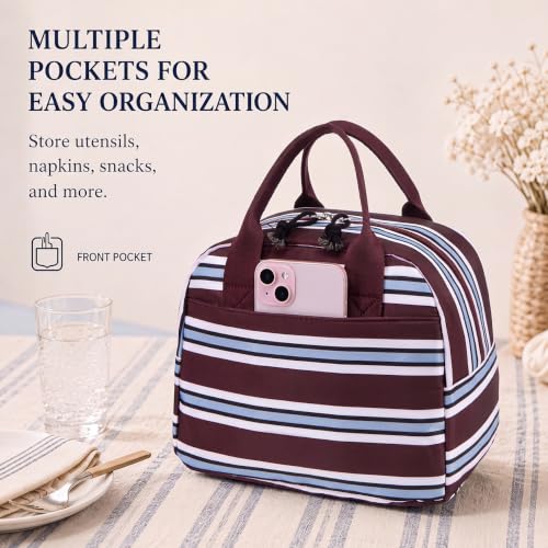 Image of LOVELYWIND Lunch Box for Women, Insulated Lunch Bag, Burgundy Stripe Tote