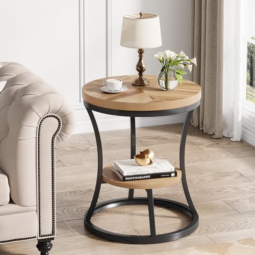 Condemo Round End Table, 2 Tier Industrial Side Table, Accent Bedside Table Nightstand with Metal Frame for Living Room, Bedroom, Small Spaces, Easy Assembly, Light Brown & Black