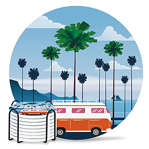 Absorbent Coaster Ceramic Stone Set of 8 with Cup Holder, Tropical Coconut Tree Coastal Travel Drink Coasters with Cork Base, Summer Seaside Bus Cup Place Mats for Holiday Party Family Dining