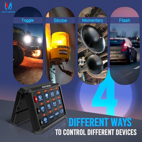 MICTUNING 12 Gang Switch Panel P1S B12X High Power Multifunction Pulse/Strobe/Momentary/Toggle Switch Panel with Circuit Control Fuse Box for Truck Offroad Marine Camper Blue, 2 Years Warranty — view 3
