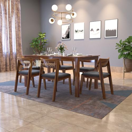 Image of DRIFTINGWOOD Liana Solid Sheesham Wood Dining Table 6 Seater | Wooden Six Seater Dinning Table with Grey Cushion Chairs | Dinner Table 6 Seater | Dining Room Sets | Self Assembly, Natural Finish